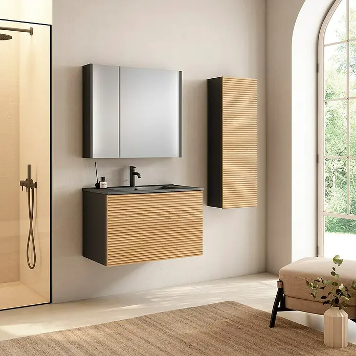 Mueble bajo de lavabo Compact 3D - L x An x Al: 45 x 80 x 50 cm, Negro/Roble - Interior de baño moderno con tocador flotante, armario con espejo y armario de pared con aspecto de madera.