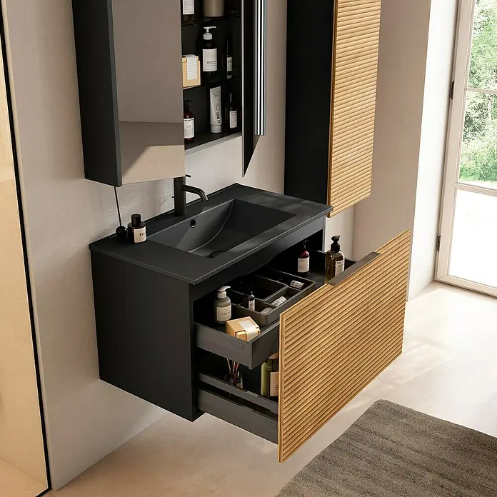 Conjunto de mueble de baño Compact 3D - 60 cm, Negro/Roble, 3 pzs. - Elegante lavabo de baño con sistema de cajones abiertos y espejo a juego para un diseño de baño con estilo.