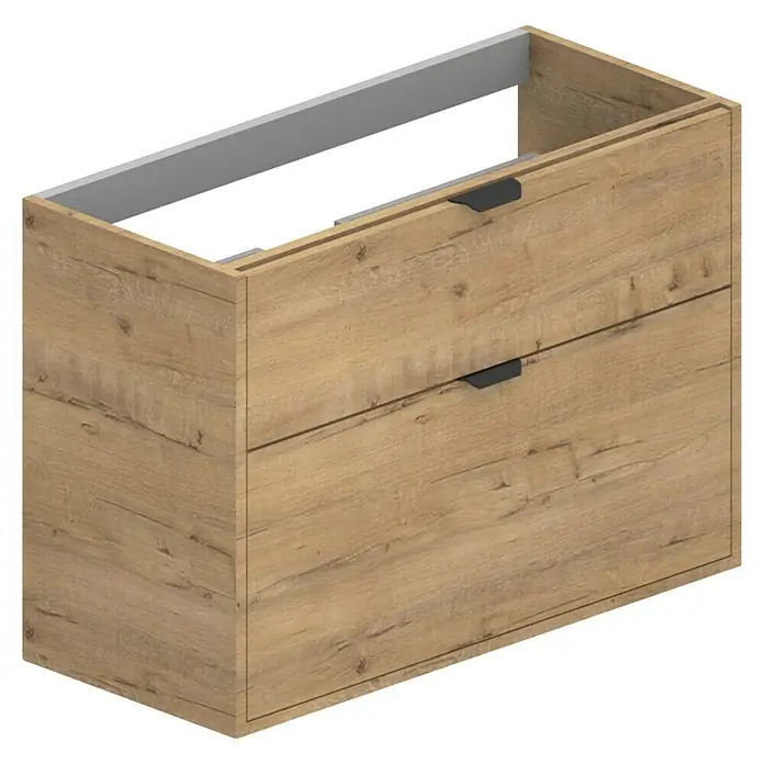 Mueble bajo de lavabo Triana 2C - L x An x Al: 38 x 80 x 56 cm, Roble - Un moderno mueble de baño con dos cajones y tiradores de color oscuro. La decoración de madera le da un aspecto elegante.