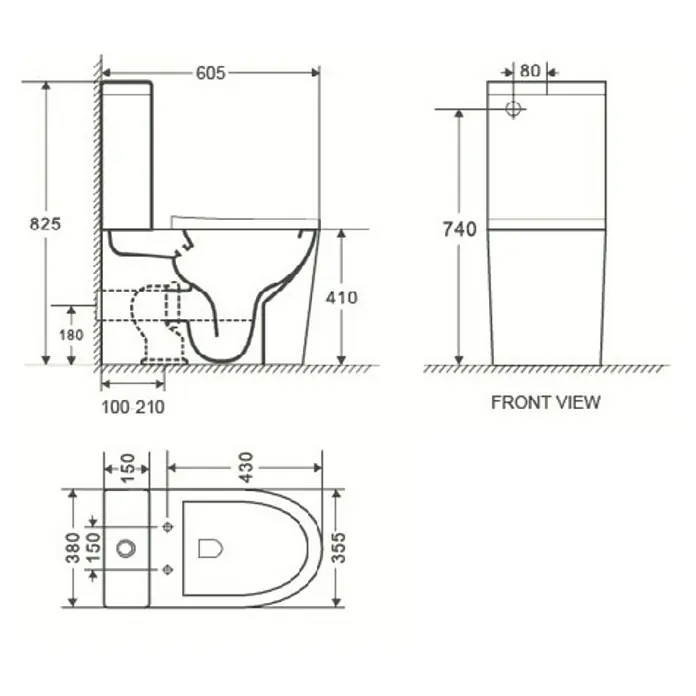 Conjunto de mueble de baño Naomi con pack wc Viena -  - Imagen de un dibujo técnico de un inodoro con dimensiones en milímetros.
