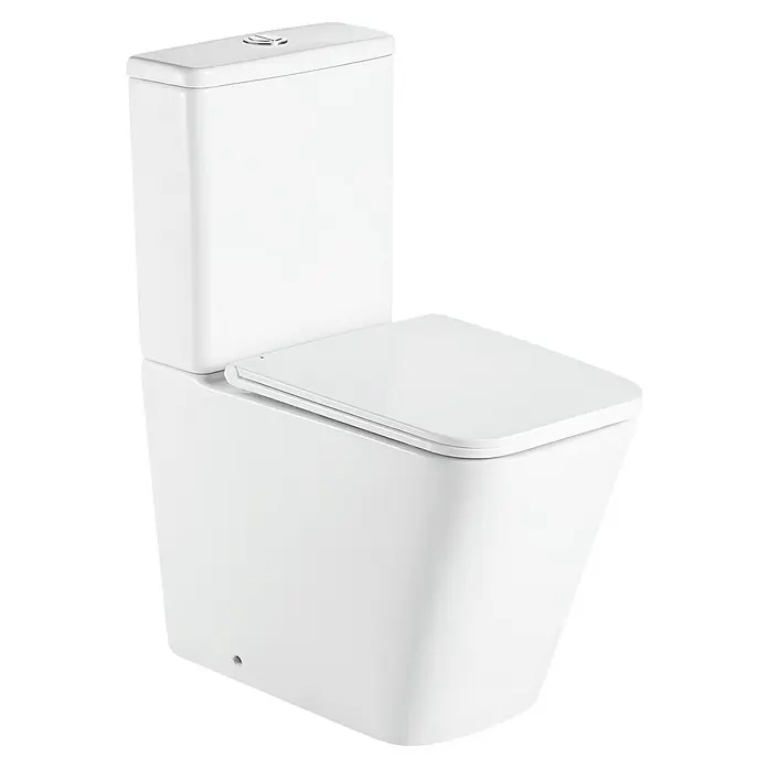Camargue Pack de WC Dublin - Salida dual - Primer plano de un inodoro blanco con cisterna, mostrando su diseño moderno y estética limpia. Perfecto para cualquier espacio de baño.