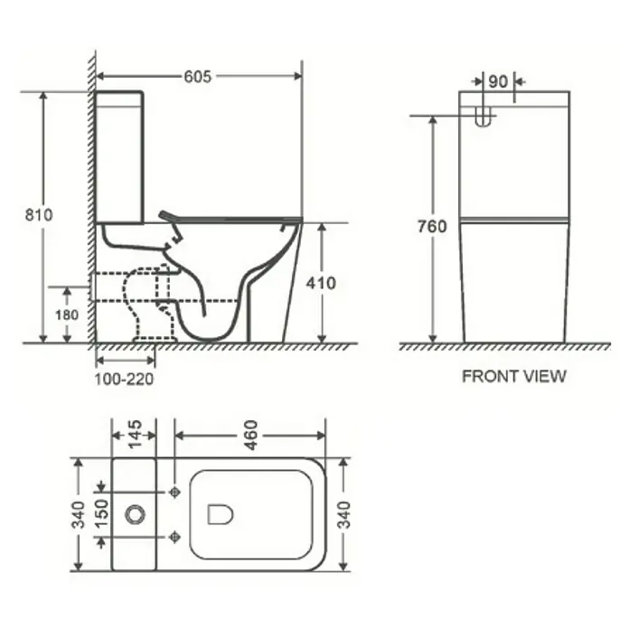 Camargue Pack de WC Dublin - Salida dual - Dibujo técnico de un inodoro con dimensiones para la instalación y el diseño, mostrando todas las dimensiones del producto cerámico.