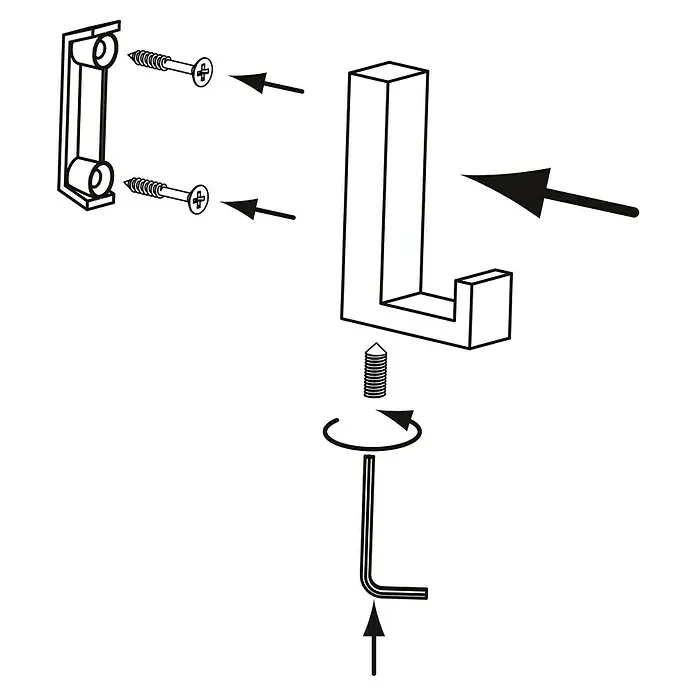 Siro Garderobenhaken - L x B x H: 15 x 61 x 40 mm, Anzahl Haken: 1 Stk. - Eine detaillierte Darstellung einer Garderobenhakenmontage mit Schrauben, Halterung und Inbusschlüssel.