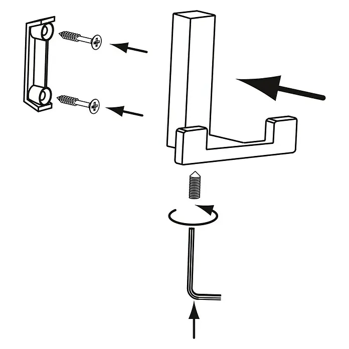 Siro Garderobenhaken 2325 - L x B x H: 70 x 61 x 40 mm, Anzahl Haken: 2 Stk. - Eine Montageanleitung für einen Handtuchhaken, die die einzelnen Schritte und benötigten Werkzeuge zeigt.