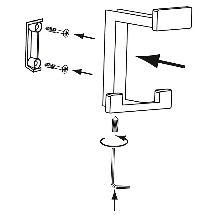 Siro Garderobenhaken 2324/ZN1 - L x B x H: 70 x 92 x 80 mm, Anzahl Haken: 1 Stk., Farbe: Chrom - Montageanleitung für eine Hakenleiste, die mit Schrauben an der Wand befestigt und mit einem Stift fixiert wird.