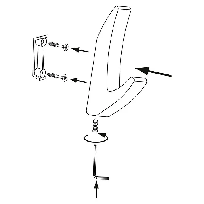Siro Garderobenhaken 2432/ZN75 - L x B x H: 15 x 81 x 40 mm, Anzahl Haken: 1 Stk. - Darstellung der Montage eines Wandhaken-Sets. Das Set enthält einen Haken, eine Halterung, Schrauben und einen Inbusschlüssel.