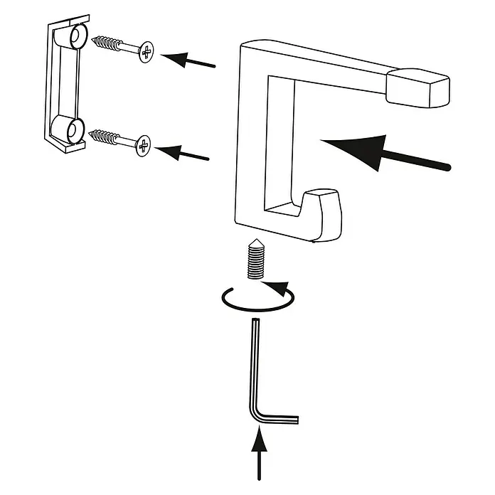 Siro Garderobenhaken - L x B x H: 15 x 64 x 100 mm, Anzahl Haken: 1 Stk. - Eine Montageanleitung für einen modernen Handtuchhaken zur Wandbefestigung mit Schrauben und einem Inbusschlüssel.