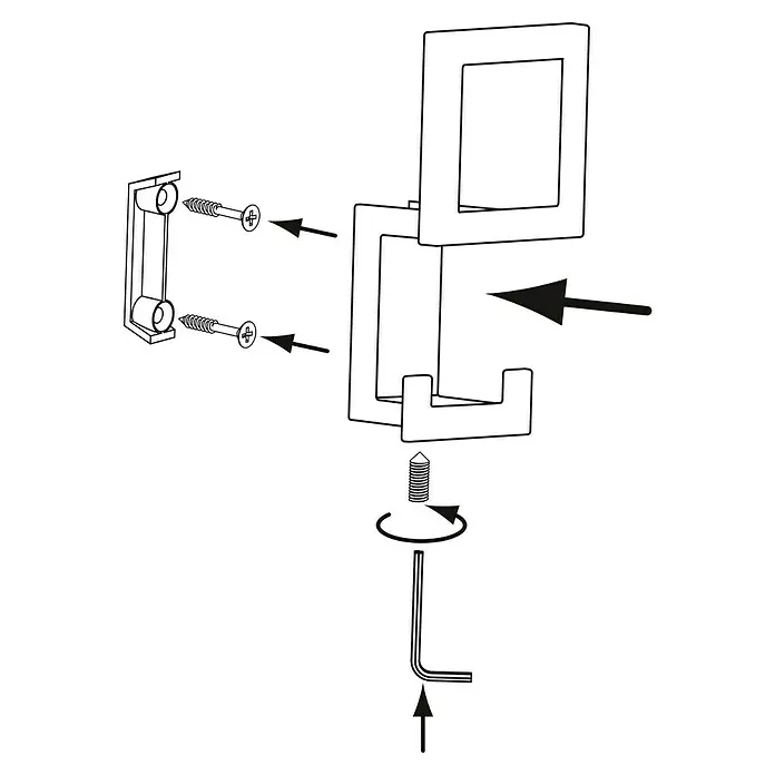 Siro Garderobenhaken 2434/ZN21 - L x B x H: 52 x 101 x 43 mm, Anzahl Haken: 3 Stk. - Eine schematische Darstellung der Montage einer quadratischen Wandhalterung mit Schrauben und einem Inbusschlüssel für die abschließende Befestigung.