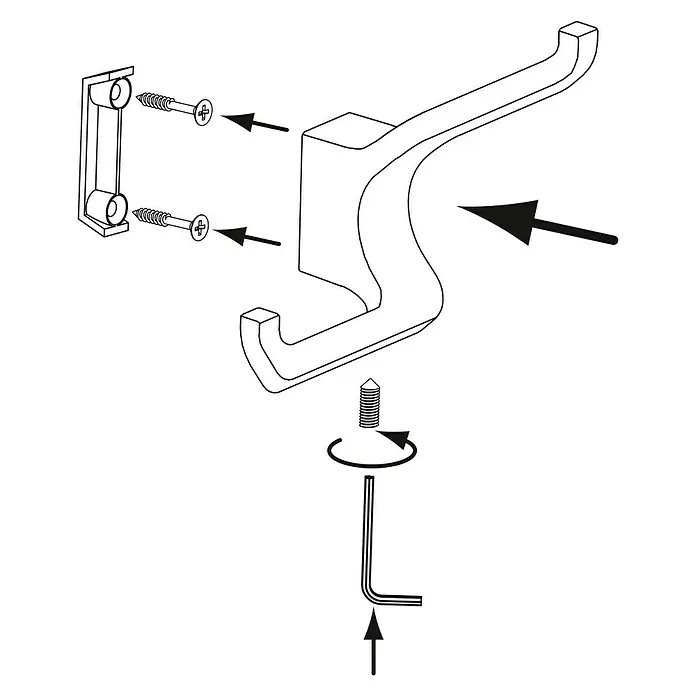 Siro Garderobenhaken 2377/ZN1 - L x B x H: 108 x 63 x 37 mm, Anzahl Haken: 1 Stk. - Montageanleitung für einen Garderobenhaken mit Schrauben, Halterung und Inbusschlüssel zur sicheren Befestigung an der Wand.