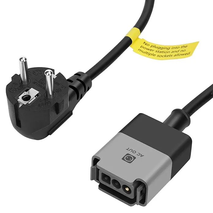 EcoFlow Verbindungskabel Schuko - Kabellänge: 5 m - Schwarzes Stromkabel mit einem Stecker für die Steckdose und einem grauen Stecker mit der Aufschrift "AC OUT" für das Gerät.