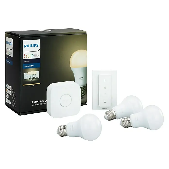 Philips Hue Set de bombillas LED - E27, Capacidad de atenuación: Intensidad regulable, Blanco cálido, 2.478 lm, 9 W, 3 ud. - Kit de inicio Philips Hue White E27 con puente e interruptor para iluminación inteligente en el hogar.