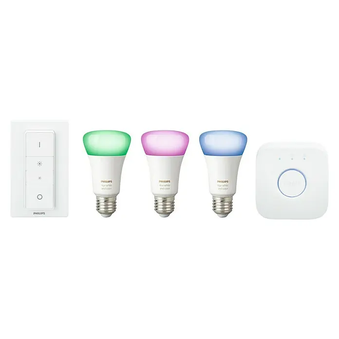 Philips Hue Set de bombillas LED Kit con mando a distancia - E27, Capacidad de atenuación: Intensidad regulable, Blanco cálido, 2.478 lm, 10 W, 3 ud. - Kit de inicio Philips Hue White and Color Ambiance con bombillas LED inteligentes, interruptor regulador y puente para un sistema de iluminación inteligente.