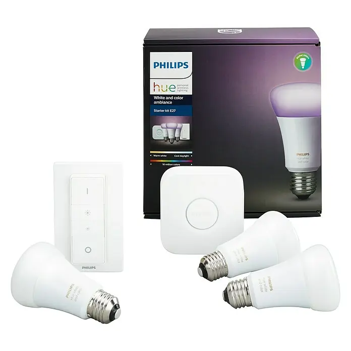 Philips Hue Set de bombillas LED Kit con mando a distancia - E27, Capacidad de atenuación: Intensidad regulable, Blanco cálido, 2.478 lm, 10 W, 3 ud. - El kit de inicio Philips Hue White and Color Ambiance E27 con bombillas, puente e interruptor de atenuación para iluminación inteligente en toda la casa.