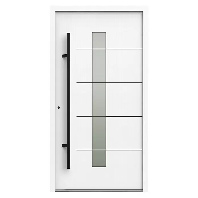 Gerda Haustür Thermo Prime 75 Ulm - 110 x 210 cm, DIN Anschlag: Links, Weiß, Schwarze Details - Moderne weiße Tür mit langem schwarzem Griff, vertikalem Milchglaspanel und horizontalen schwarzen Linien.