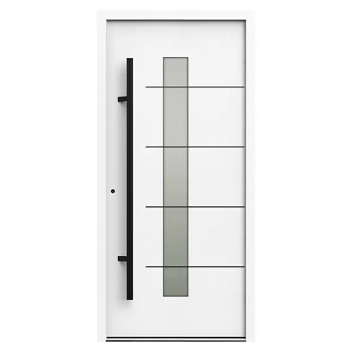 Gerda Haustür Thermo Prime 75 Ulm - 100 x 210 cm, DIN Anschlag: Links, Weiß, Schwarze Details - Moderne weiße Eingangstür mit langem schwarzem Griff, horizontalen schwarzen Akzenten und einer zentralen Milchglasscheibe.