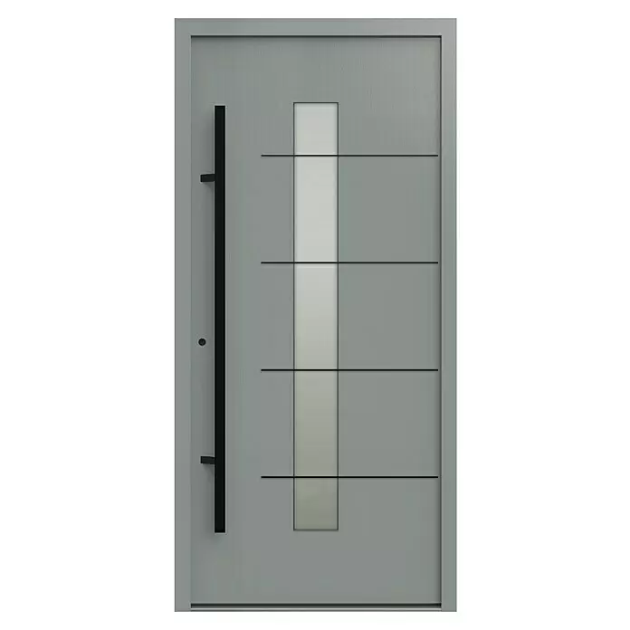 Gerda Haustür Thermo Prime 75 Ulm - 100 x 210 cm, DIN Anschlag: Links, Grau, Schwarze Details - Moderne graue Haustür mit vertikalem Glaseinsatz, schwarzen horizontalen Linien und langem schwarzen Stangengriff.