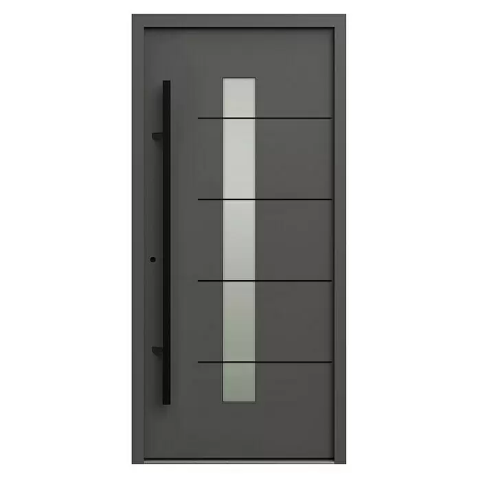 Gerda Haustür Thermo Prime 75 Ulm - 100 x 210 cm, DIN Anschlag: Links, Anthrazitgrau, Schwarze Details - Moderne graue Eingangstür mit vertikalem Milchglaseinsatz, vier schwarzen Zierleisten und langem schwarzem Stangengriff.
