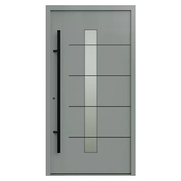 Gerda Haustür Thermo Prime 75 Ulm - 110 x 210 cm, DIN Anschlag: Links, Grau, Schwarze Details - Moderne graue Tür mit schwarzem Stangengriff und vertikalem Milchglaseinsatz.
