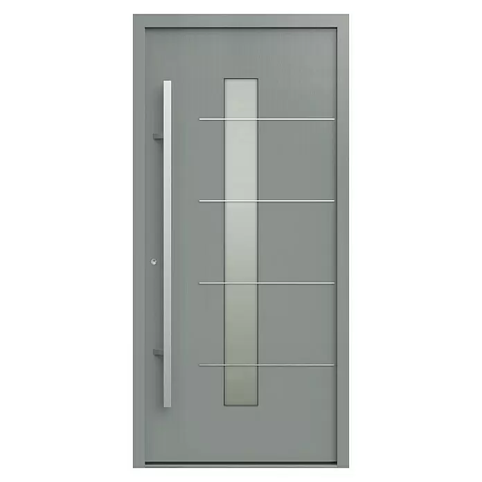 Gerda Haustür Thermo Prime 75 Ulm - 100 x 210 cm, DIN Anschlag: Links, Grau, Details in Edelstahl - Moderne graue Haustür mit vertikaler Milchglasscheibe, horizontalen Metallakzenten und langem silbernem Stangengriff.