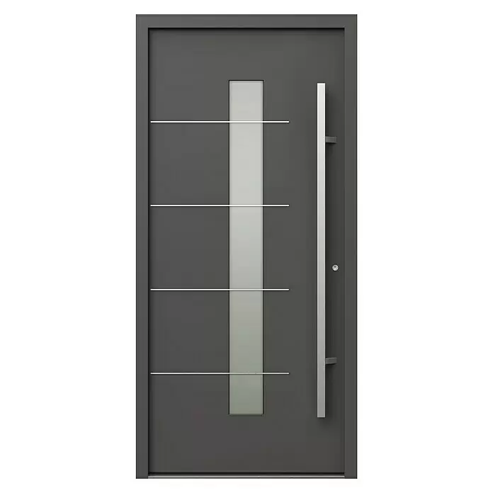 Gerda Haustür Thermo Prime 75 Ulm - 100 x 210 cm, DIN Anschlag: Rechts, Anthrazitgrau, Details in Edelstahl - Moderne dunkelgraue Haustür mit vertikaler Milchglasscheibe, horizontalen silberfarbenen Akzenten und langem silbernem Griff.