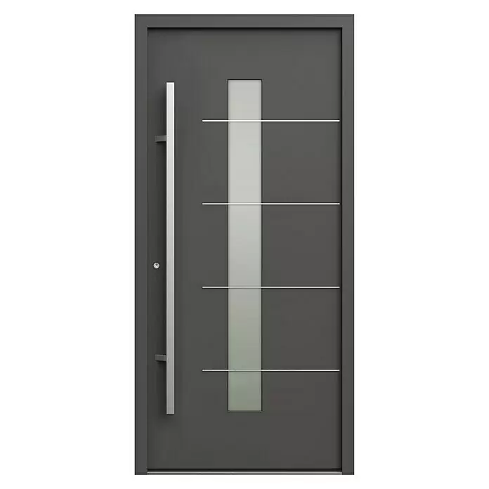 Gerda Haustür Thermo Prime 75 Ulm - 100 x 210 cm, DIN Anschlag: Links, Anthrazitgrau, Details in Edelstahl - Moderne dunkelgraue Haustür mit vertikaler Milchglasscheibe, horizontalen Metallleisten und langem Stangengriff.