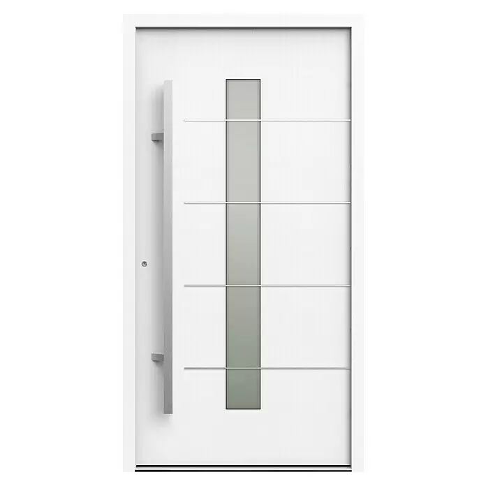 Gerda Haustür Thermo Prime 75 Ulm - 110 x 210 cm, DIN Anschlag: Links, Weiß, Details in Edelstahl - Moderne weiße Eingangstür mit vertikalem Milchglaseinsatz, mehreren horizontalen Metallakzenten und langem vertikalen Stangengriff.