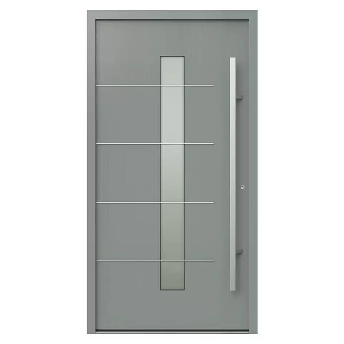 Gerda Haustür Thermo Prime 75 Ulm - 110 x 210 cm, DIN Anschlag: Rechts, Grau, Details in Edelstahl - Moderne graue Haustür mit vertikaler Milchglasscheibe, vier horizontalen Metallstreifen und langem silbernem Stangengriff.