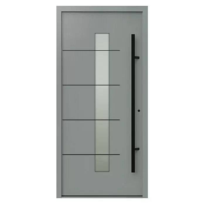 Gerda Haustür Thermo Prime 75 Ulm - 100 x 210 cm, DIN Anschlag: Rechts, Grau, Schwarze Details - Moderne graue Tür mit vertikaler Milchglasscheibe, schwarzen horizontalen Zierlinien und langem schwarzen vertikalen Griff.
