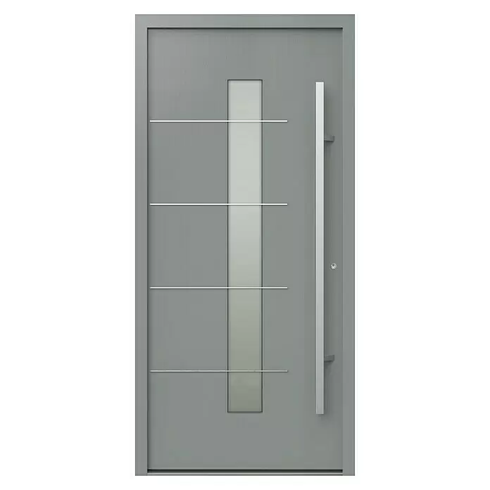 Gerda Haustür Thermo Prime 75 Ulm - 100 x 210 cm, DIN Anschlag: Rechts, Grau, Details in Edelstahl - Moderne graue Eingangstür mit vertikalem Milchglaseinsatz, vier horizontalen Metallleisten und langem Stangengriff.