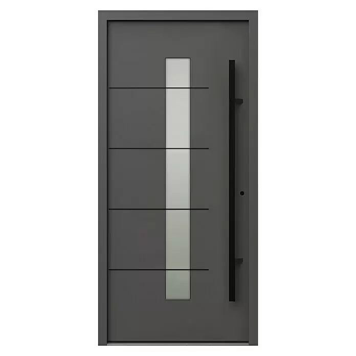 Gerda Haustür Thermo Prime 75 Ulm - 100 x 210 cm, DIN Anschlag: Rechts, Anthrazitgrau, Schwarze Details - Dunkelgraue moderne Haustür mit zentraler vertikaler Milchglasscheibe, horizontalen Zierlinien und schwarzem vertikalem Griff.