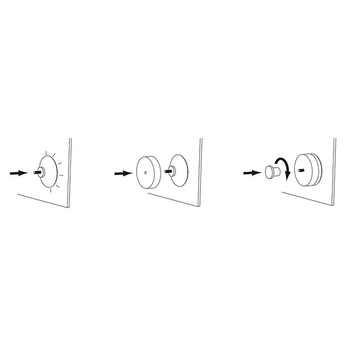 Siro Garderobenhaken - L x B x H: 50 x 50 x 30 mm, Anzahl Haken: 1 Stk., Silber - Bild zeigt eine Schritt-für-Schritt-Anleitung zur Befestigung eines runden Objekts an einer Wand mit Schrauben und Drehbewegung.