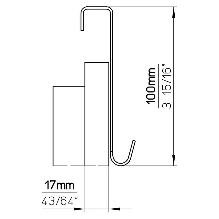 Siro Türgarderobe 1977 Metall Chrom - L x H: 375 x 100 mm, Anzahl Haken: 6 Stk. - Die Darstellung zeigt eine technische Zeichnung eines Wandhakens mit den Maßen 100mm Höhe und 17mm Tiefe.