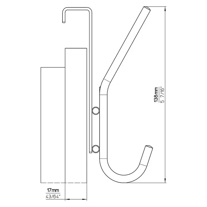 Siro Türgarderobe 2257 Edelstahl - L x H: 340 x 151 mm, Anzahl Haken: 5 Stk. - Technische Zeichnung einer Handtuchhalterung mit den Maßen 138mm Höhe und 17mm Tiefe.