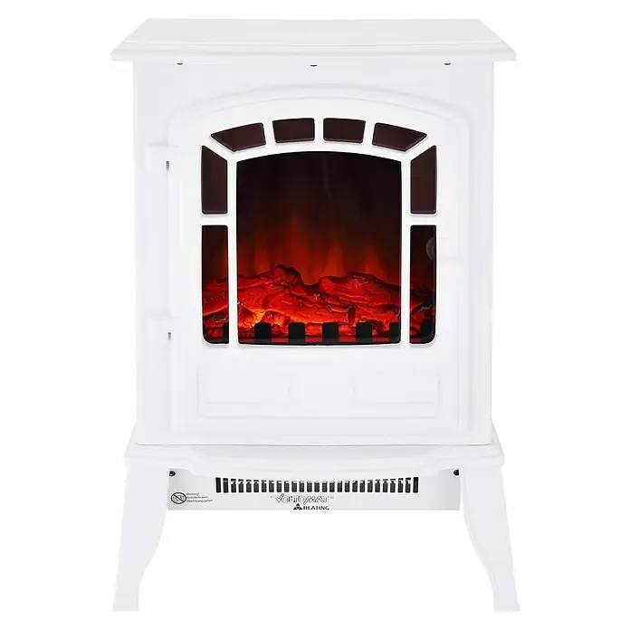 Voltomat HEATING Elektrischer Kamin - 2.000 W, Weiß, 24 x 39 x 56,5 cm - Nahaufnahme eines elektrischen VOLTOMAT Heizkamins in Weiß, der Wärme und Atmosphäre erzeugt.