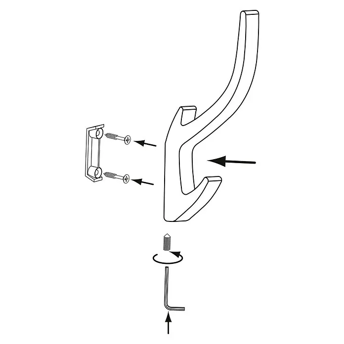 Siro Garderobenhaken 2432/ZN75 - L x B x H: 150 x 15 x 71 mm, Anzahl Haken: 1 Stk., Eisen antik, Metall - Illustration eines Mantelhaken-Montagesatzes mit Schrauben, Halterung und Inbusschlüssel.