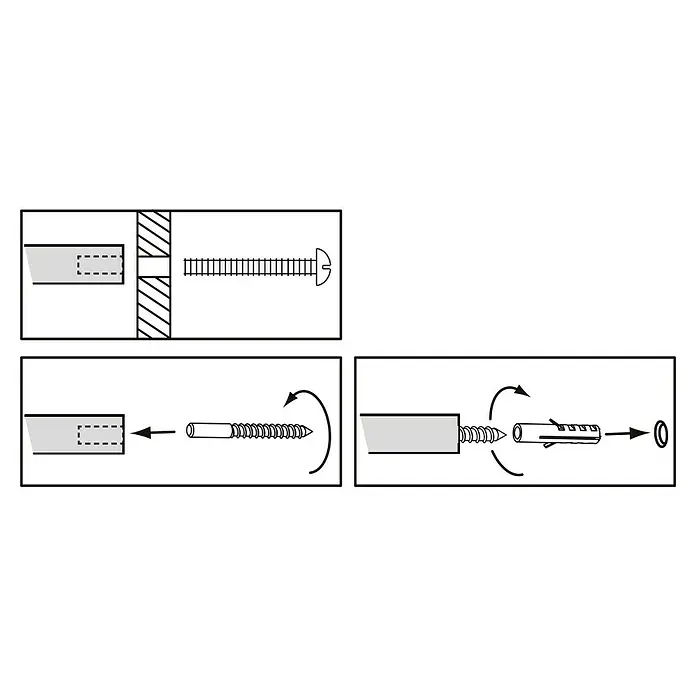 Siro Garderobenhaken - L x B x H: 35 x 35 x 52 mm, Anzahl Haken: 1 Stk. - Illustration einer Schraube, die in eine Wand mit Dübel eingeschraubt wird, um einen sicheren Halt zu gewährleisten.