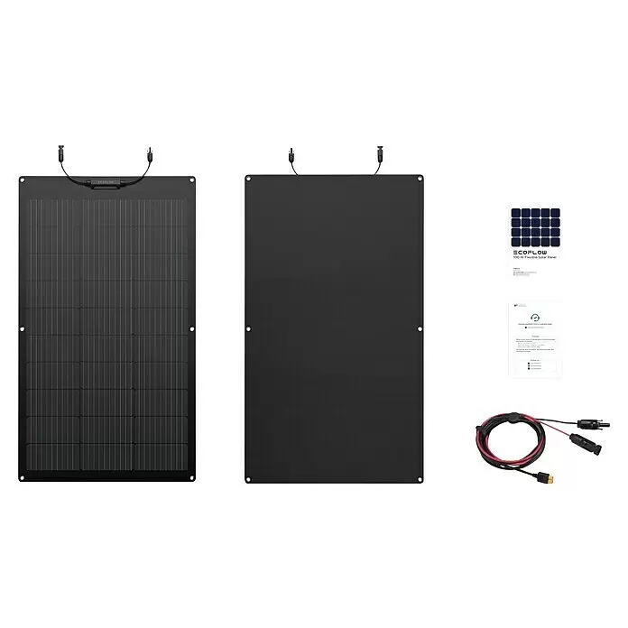 EcoFlow Solarmodul Flexible Full Black - 0% MwSt. (gem. § 12 Abs. 3 UStG) - Nennleistung: 100 W, L x B x H: 105 x 61,2 x 2,5 cm, Wirkungsgrad Solarzelle: 23 % - EcoFlow 100W flexibles Solarpanel (Vorder- und Rückseite) mit Anschlusskabel und Infokarte. Dunkelgrau/schwarz.