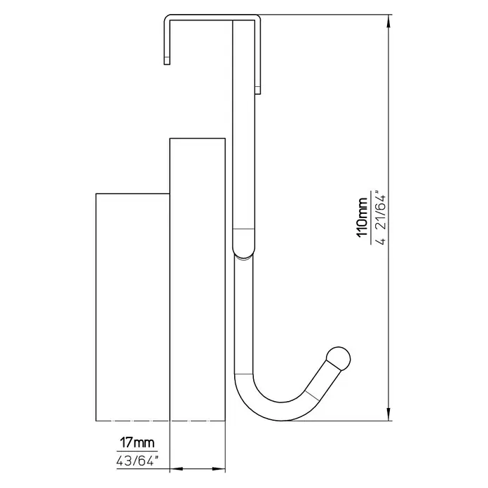 Siro Türgarderobe 2378 - L x H: 355 x 110 mm, Anzahl Haken: 5 Stk., Verchromt - Abbildung eines Schrankhaken-Profils mit Maßangaben. Der Haken ist an einer Schranktür befestigt. Die Maße sind 17 mm und 110 mm.