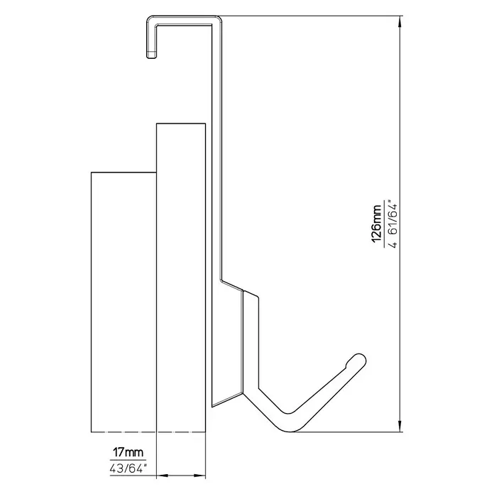 Siro Türgarderobe - L x H: 486 x 126 mm, Anzahl Haken: 4 Stk. - Abbildung eines Hakenprofils mit den Maßen 17 mm Breite und 126 mm Höhe, inklusive der Maße in Zoll für technische Zeichnungen.