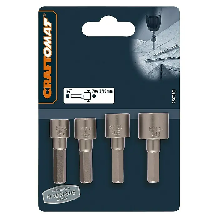 Craftomat Steckschlüssel-Bit-Satz - 4 -tlg., Antriebsgröße: ¼″ Sechskant - Set mit vier Craftomat Nuss-Bits (7, 8, 10, 13 mm) für Schraubendreher oder Bohrmaschinen. Ideal für Heimwerker- und professionelle Anwendungen.
