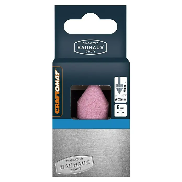 Craftomat Schleifstift - Durchmesser: 20 mm, Kegelförmig - Abbildung einer Craftomat Schleifspitze in einer Verpackung von Bauhaus, die Qualität und Zuverlässigkeit verspricht.