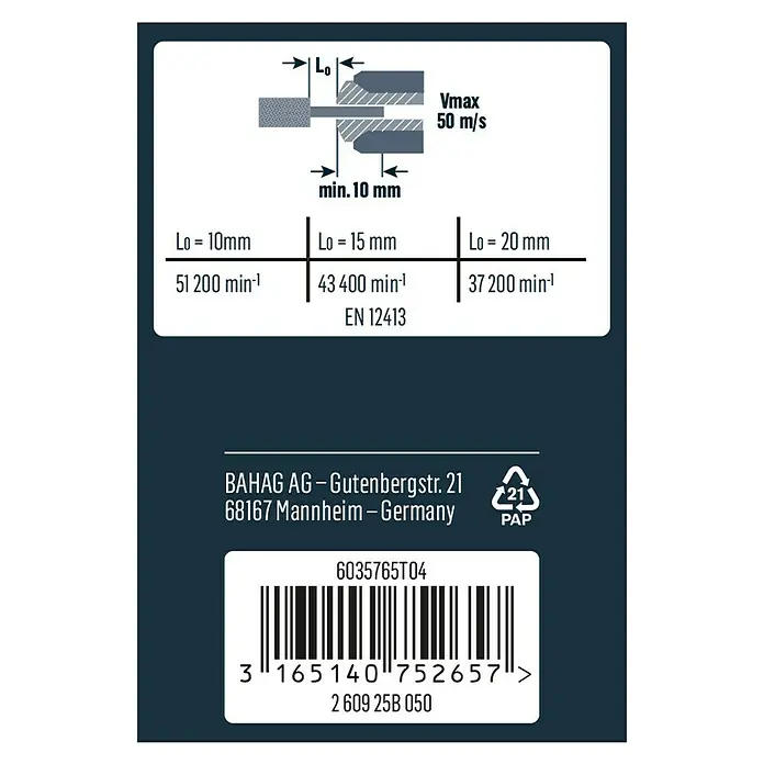 Craftomat Muela para esmerilar - Diámetro: 15 mm, Cilíndrico - Información del producto: Datos técnicos, dirección del fabricante y código de barras en una etiqueta.