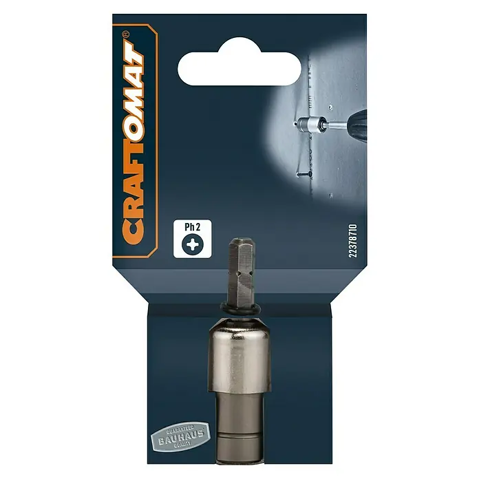 Craftomat Schraubvorsatz Trockenbau - Montage von Gipskartonplatten, PH 2 - Produktverpackung eines Craftomat-Bit-Einsatzes PH 2 mit magnetischem Bithalter für Schraubarbeiten, ideal für Heimwerker und Profis.