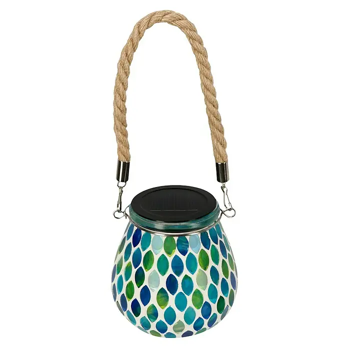 BAUHAUS Solar-Tischleuchte - L x B x H: 14,5 x 10,5 x 10,5 cm, Blau, 0,06 W, IP44 - Blaue & grüne Mosaik-Solarleuchte mit einem Seilgriff. Die dekorative Lampe ist ideal für den Garten & spendet stimmungsvolles Licht.