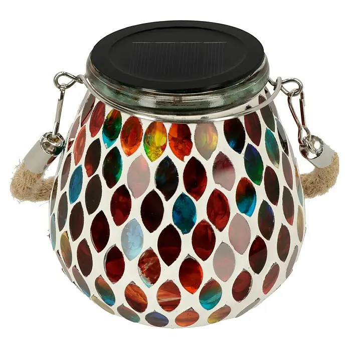 BAUHAUS Solar-Tischleuchte - L x B x H: 14,5 x 10,5 x 10,5 cm, Bunt, 0,06 W, IP44 - Dekoratives Solarglas mit Mosaikmuster in Rot, Blau und Gelb. Ideal für Garten und Terrasse, mit Tragegriffen aus Seil.