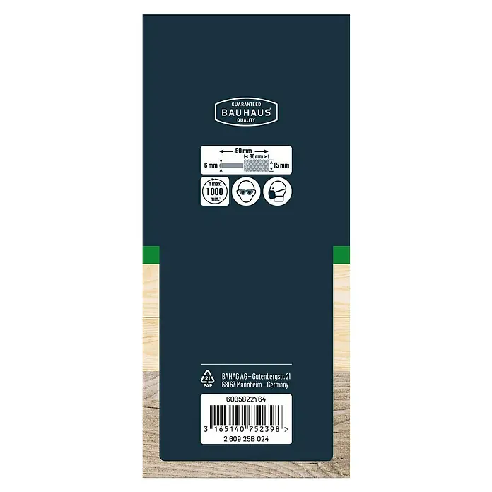 Craftomat Escofina - Cilíndrico, Diámetro: 15 mm - La etiqueta muestra un producto Bauhaus con garantía de calidad, especificaciones de tamaño e instrucciones de seguridad.
