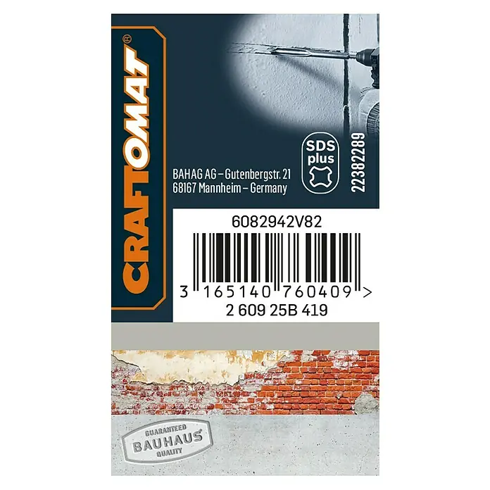 Craftomat Cincel abridor - Largo: 250 mm, SDS Plus - Primer plano del embalaje del producto de la broca CRAFTOMAT® SDS Plus, con la garantía de calidad Bauhaus.