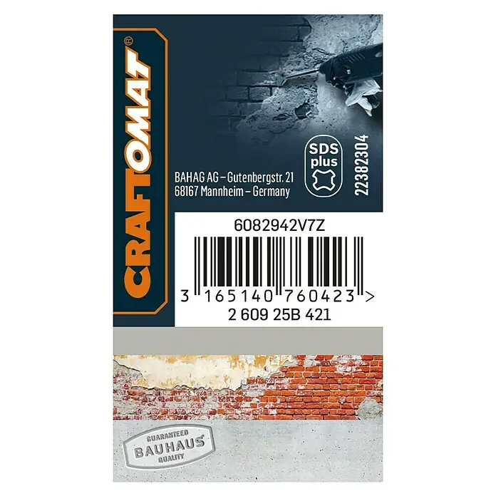 Craftomat Cincel pala SDS-Plus - Largo: 250 mm, Ancho: 40 mm - Etiqueta de producto con código de barras, garantía de calidad Bauhaus y símbolo SDS Plus, ideal para aficionados al bricolaje y profesionales.