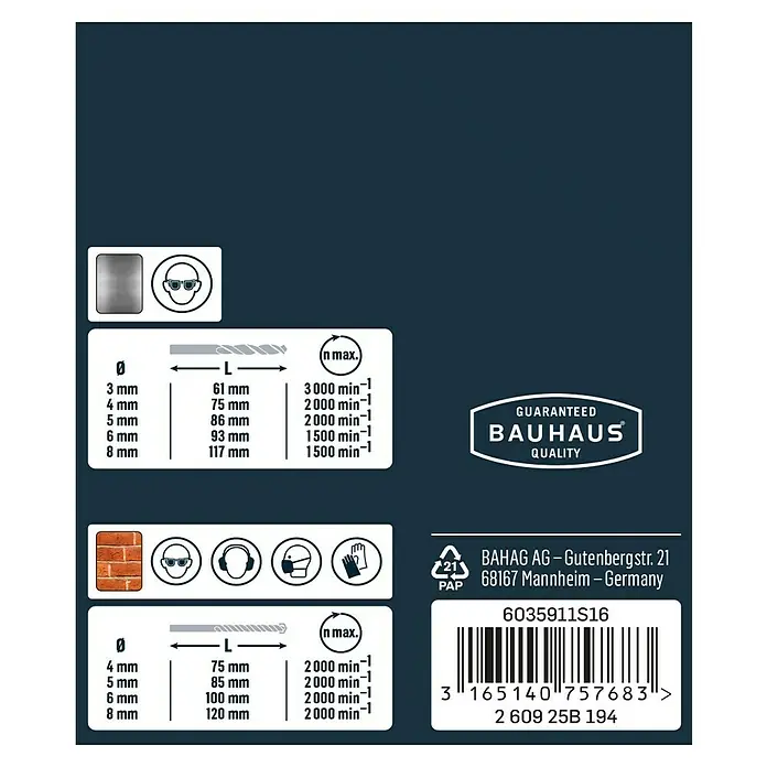 Craftomat Set de brocas - 9 ud., Diámetro de la broca: 8 mm - Vista detallada del producto con info de broca, consejos de seguridad y código de barras para su identificación.