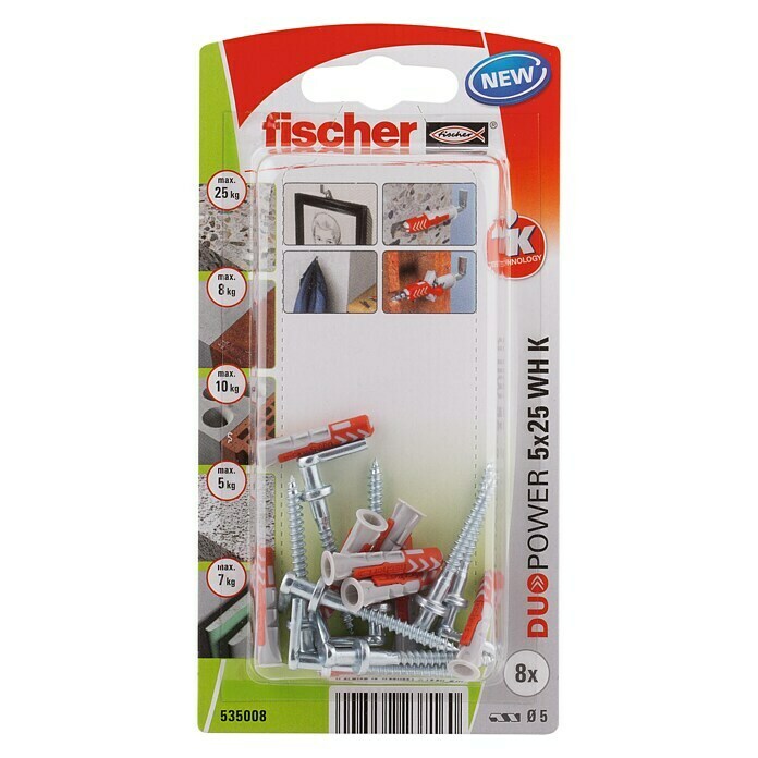 Fischer Duopower Juego de clavijas (Diámetro taco: 5 mm, Longitud taco: 25 mm, Alcayata, 8 uds.)